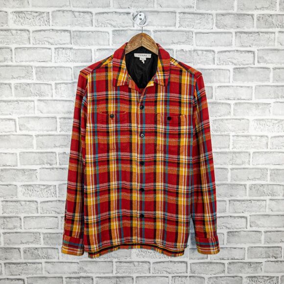 FRAME Denim Men's Button up Flannel Shirt Jacket in Dark Rouge multi cotton sz S - Picture 2 of 8